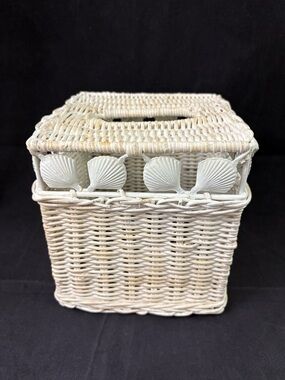 Wicker and Metal Clam Seashell Tissue Box Cover Beach House Coastal